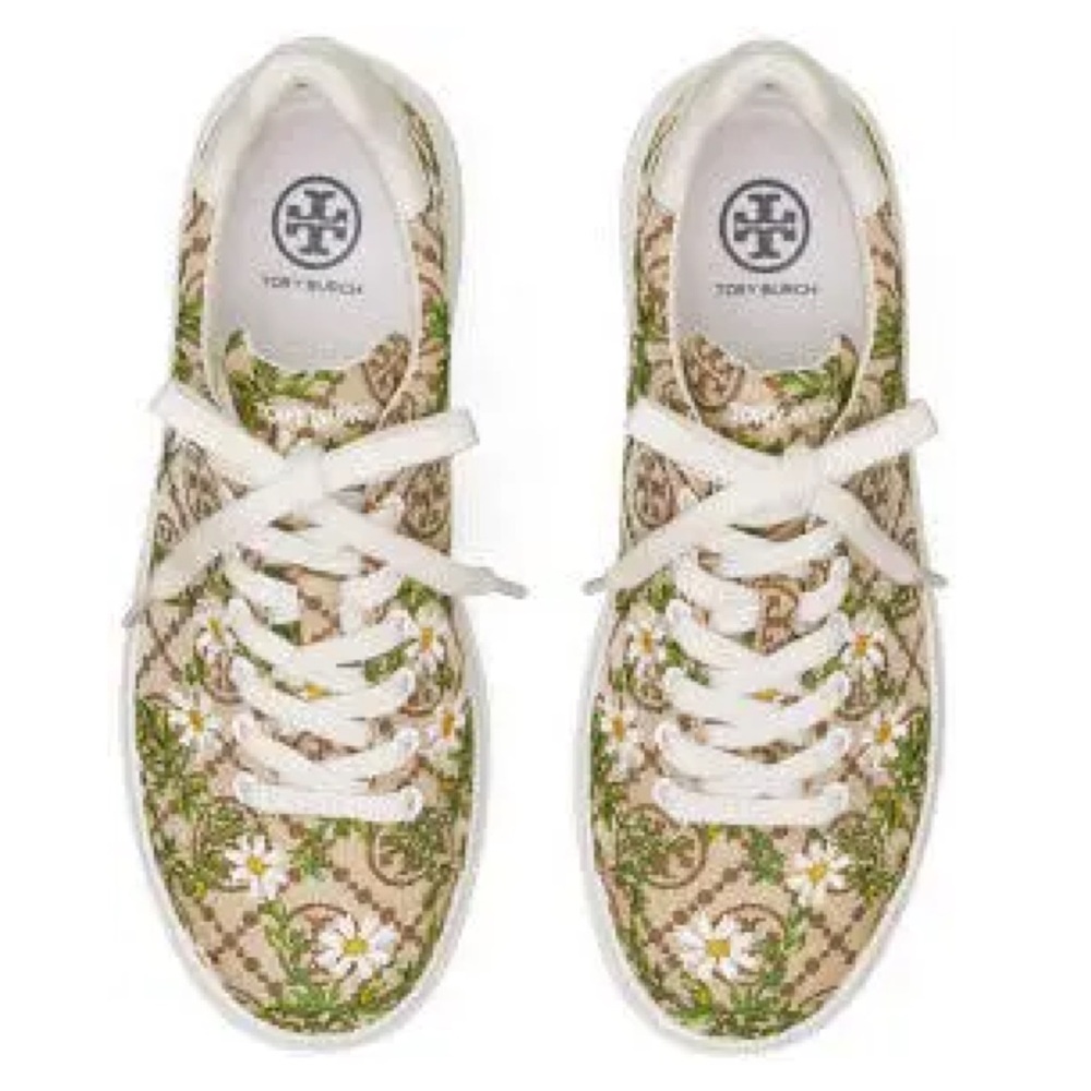 Tory Burch Howell T Monogram Daisy Floral Jacquard Court Sneakers NEW! - Picture 4 of 7
